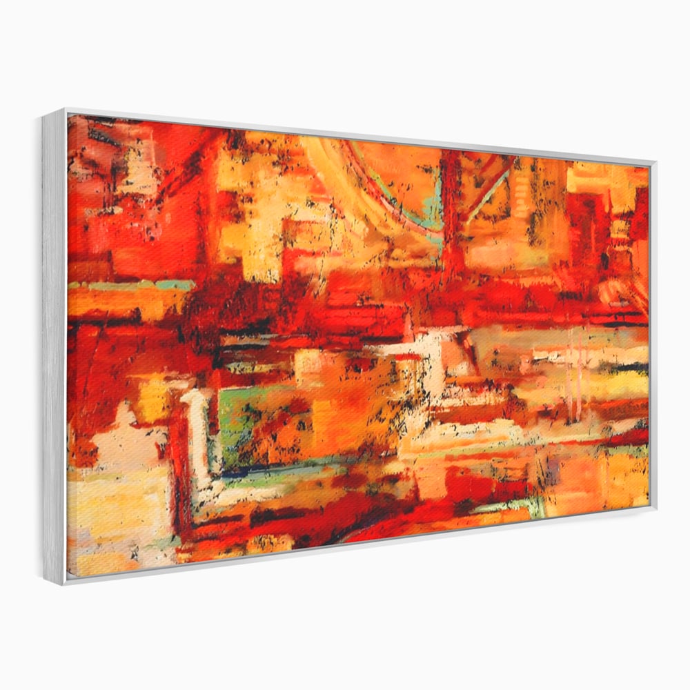 Tablou canvas cu pictura abstracta cu texturi in tonuri de rosu, in rama de aluminiu argintiu